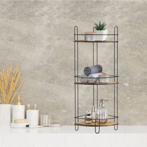Corner Bathroom Organizer Storage Tower 3 or 2 Shelves Bamboo Black Metal
