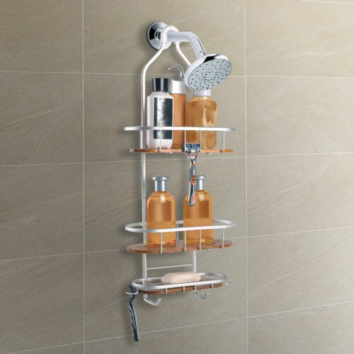 Utopia Alley Tia Rustproof Teak Overhead Shower Caddy with 3 Shelves. Hanging Shower Head Organizer. Black & Chrome Finish